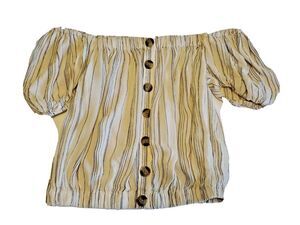 Juniors Crop Top XS On Or Off Shoulder Lightweight Gauzy Striped Buttons AMEO
